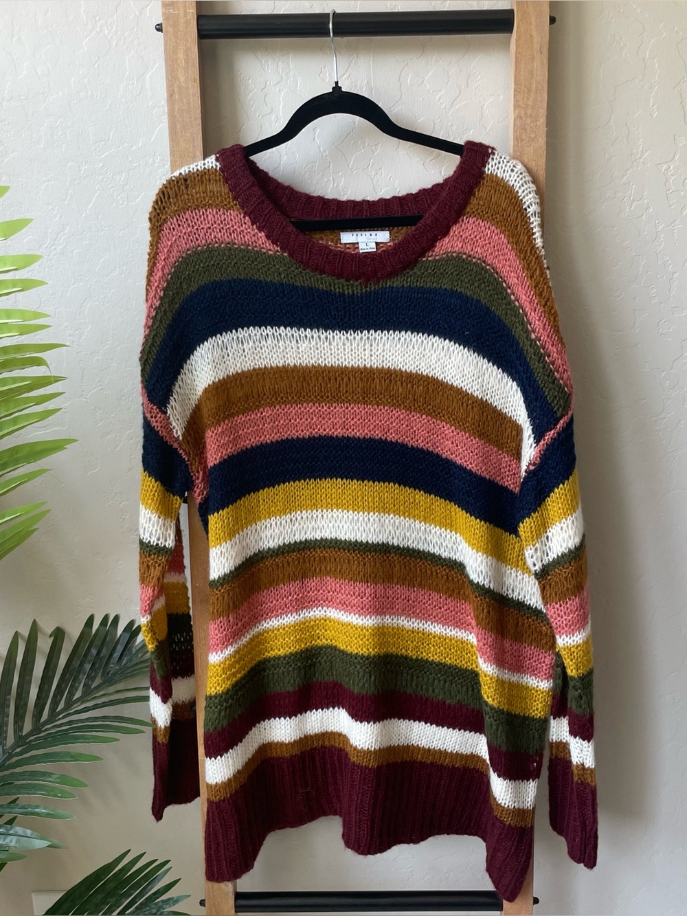 Favlux Multicolor Striped V-Neck Sweater in Burgundy, Navy & Mustard